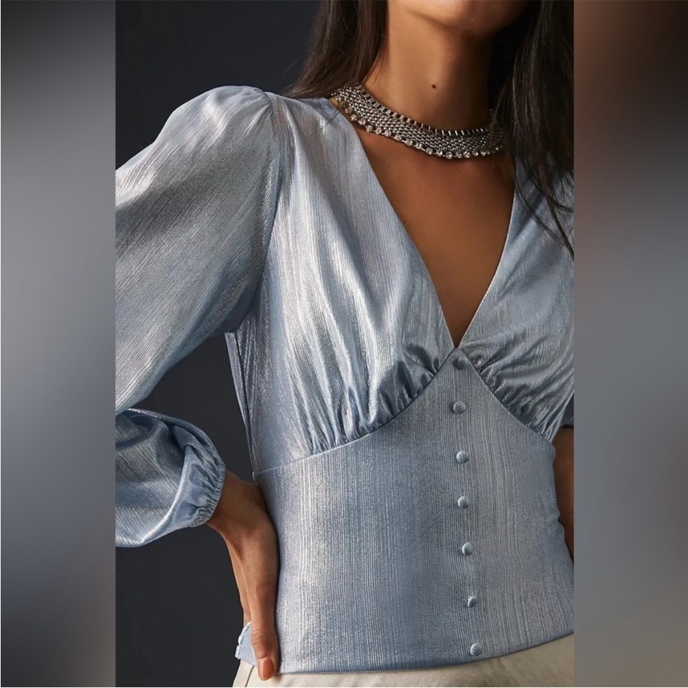 Anthropologie Flat White Shine Blue Iridescent Blouse Size XS NWT